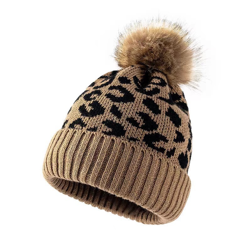 Beanie Cuffed Knit - 여성용 레오파드 프린트 니트 비니 모자
